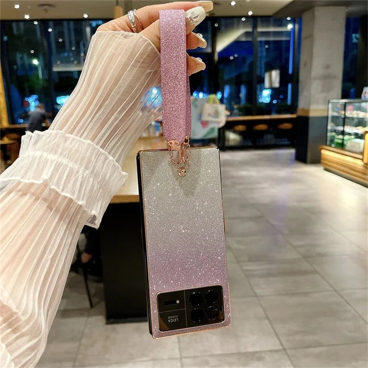 For Xiaomi Mix Fold 3 5G Case with Hand Strap Hard PC Glitter Folding Phone Cover