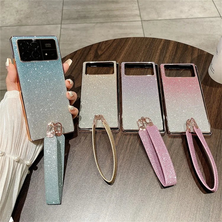 For Xiaomi Mix Fold 3 5G Case with Hand Strap Hard PC Glitter Folding Phone Cover