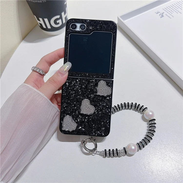 For Samsung Galaxy Z Flip5 5G Case TPU+PC Glittering Phone Cover with Wrist Strap