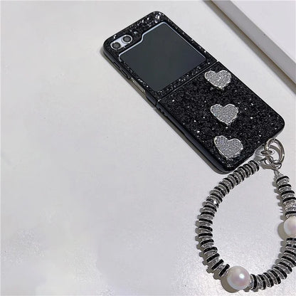 For Samsung Galaxy Z Flip5 5G Case TPU+PC Glittering Phone Cover with Wrist Strap