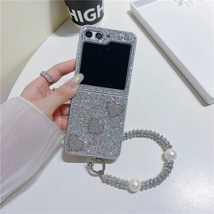 For Samsung Galaxy Z Flip5 5G Case TPU+PC Glittering Phone Cover with Wrist Strap