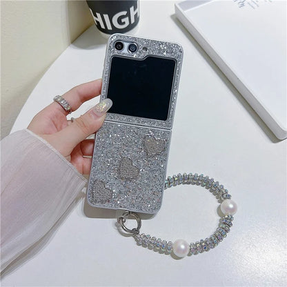 For Samsung Galaxy Z Flip5 5G Case TPU+PC Glittering Phone Cover with Wrist Strap