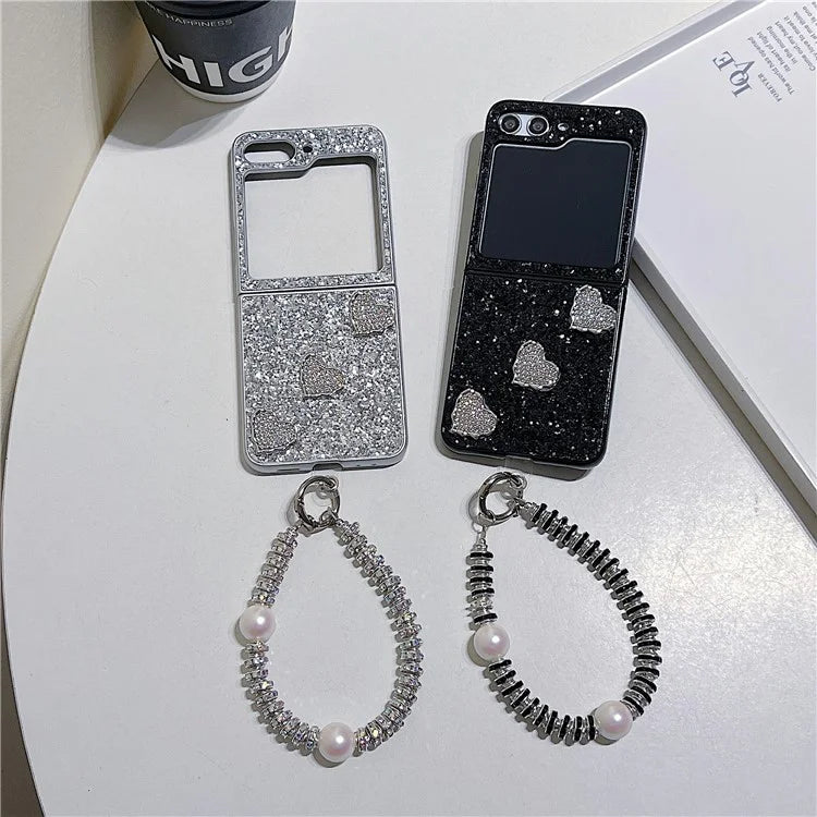 For Samsung Galaxy Z Flip5 5G Case TPU+PC Glittering Phone Cover with Wrist Strap