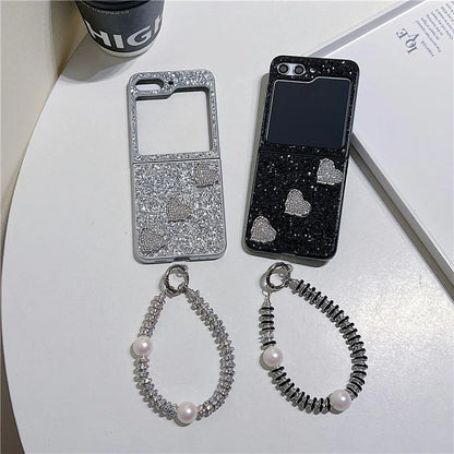 For Samsung Galaxy Z Flip5 5G Case TPU+PC Glittering Phone Cover with Wrist Strap