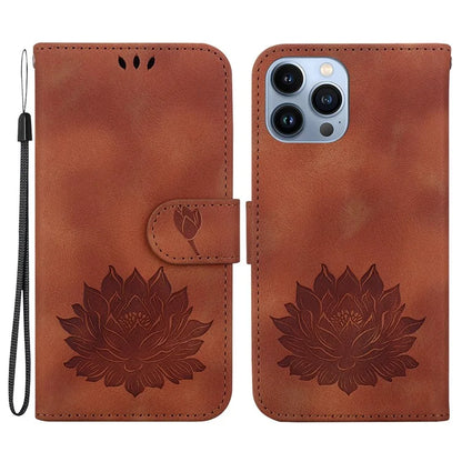 For iPhone 14 Pro Max Case with Hand Strap PU Leather Wallet Cover Lotus Imprinted