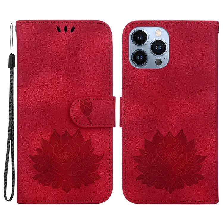 For iPhone 14 Pro Max Case with Hand Strap PU Leather Wallet Cover Lotus Imprinted