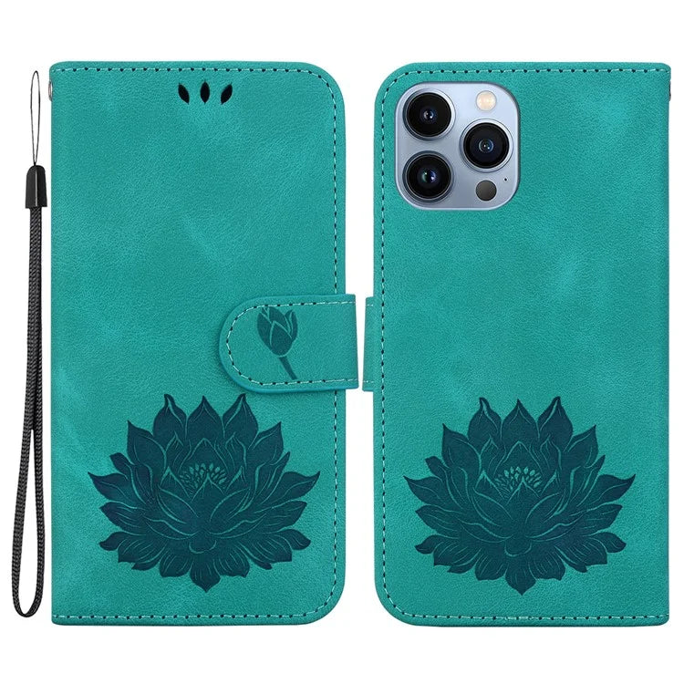 For iPhone 14 Pro Max Case with Hand Strap PU Leather Wallet Cover Lotus Imprinted