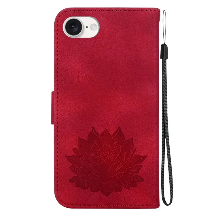 For iPhone SE (2024) Case PU Leather Lotus Imprinted Phone Cover with Strap