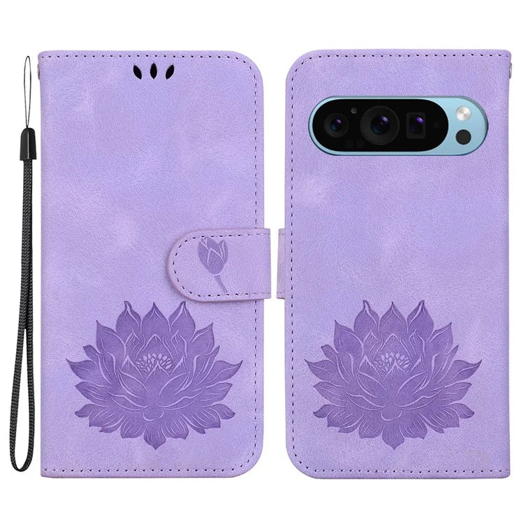 For Google Pixel 9 / 9 Pro Case Lotus Pattern Leather Phone Cover Stand View