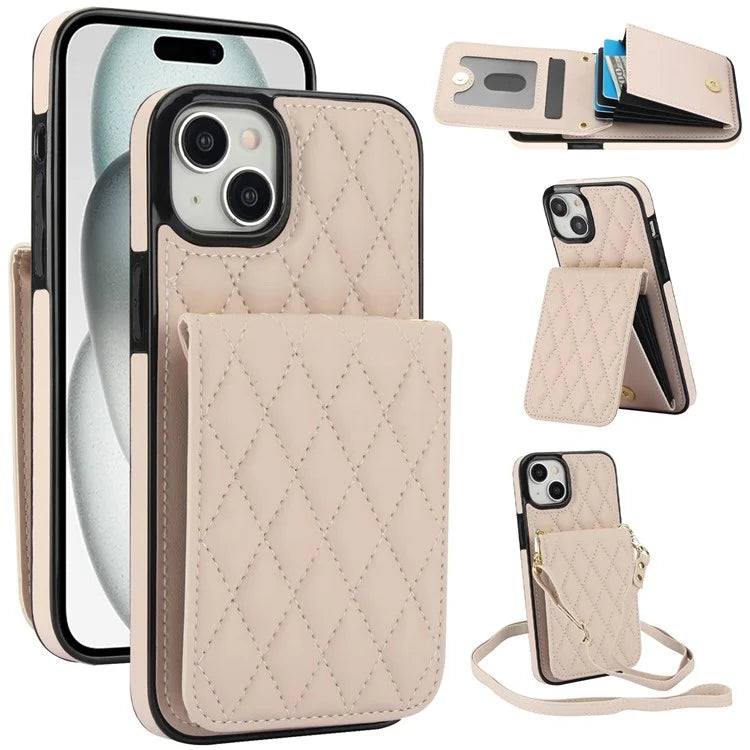For iPhone 15 Plus Case Rhombus Leather+TPU Phone Card Bag with Shoulder Strap