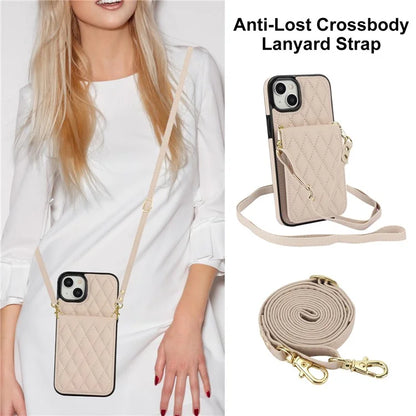 For iPhone 15 Plus Case Rhombus Leather+TPU Phone Card Bag with Shoulder Strap