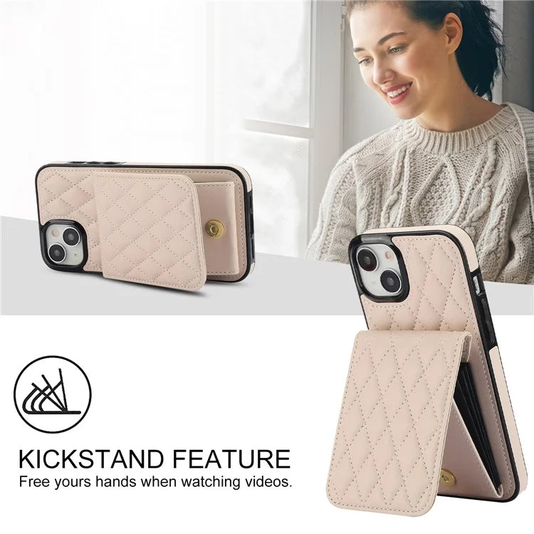 For iPhone 15 Plus Case Rhombus Leather+TPU Phone Card Bag with Shoulder Strap