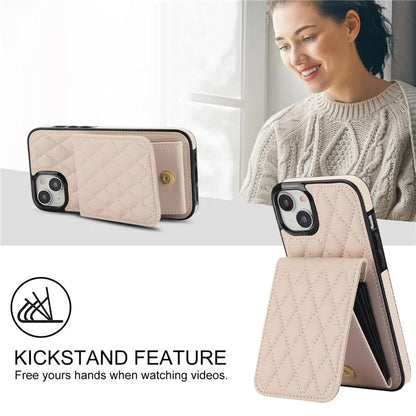 For iPhone 15 Plus Case Rhombus Leather+TPU Phone Card Bag with Shoulder Strap