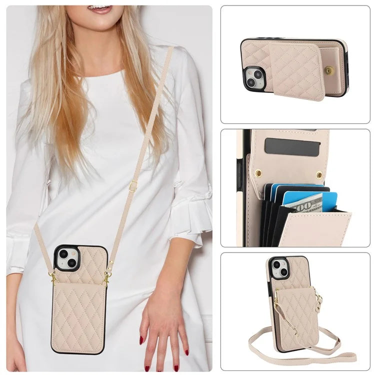 For iPhone 15 Plus Case Rhombus Leather+TPU Phone Card Bag with Shoulder Strap