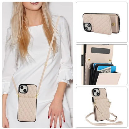 For iPhone 15 Plus Case Rhombus Leather+TPU Phone Card Bag with Shoulder Strap