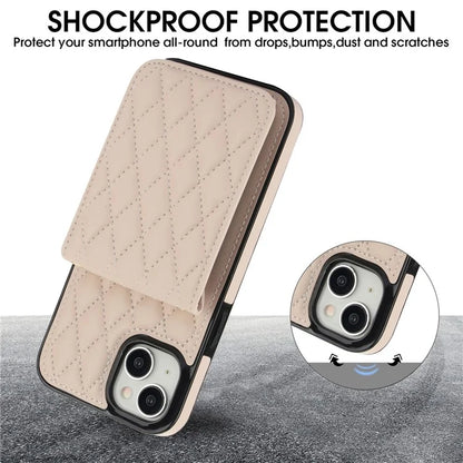 For iPhone 15 Plus Case Rhombus Leather+TPU Phone Card Bag with Shoulder Strap