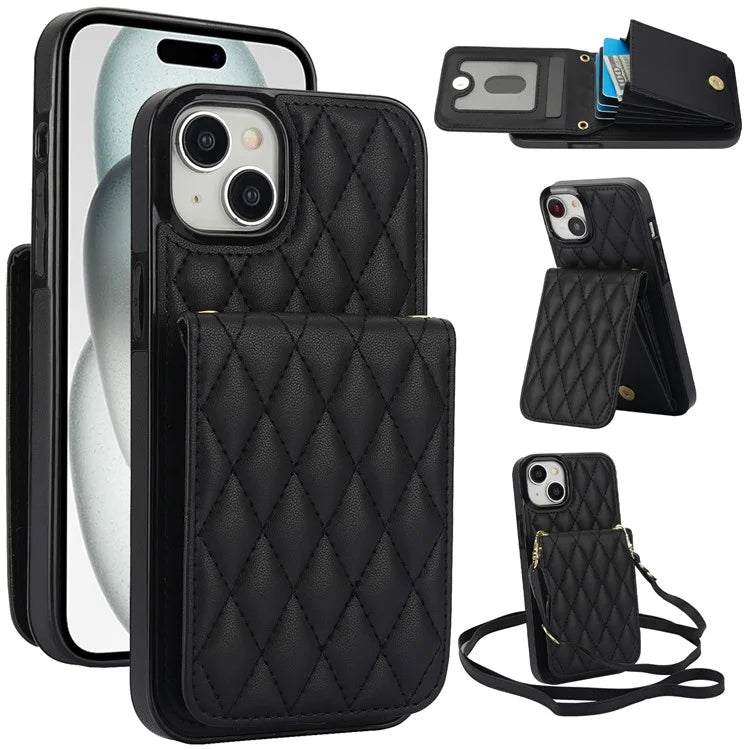For iPhone 15 Plus Case Rhombus Leather+TPU Phone Card Bag with Shoulder Strap