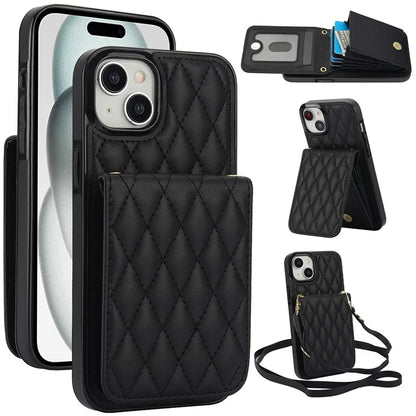 For iPhone 15 Plus Case Rhombus Leather+TPU Phone Card Bag with Shoulder Strap