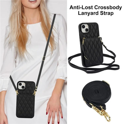For iPhone 15 Plus Case Rhombus Leather+TPU Phone Card Bag with Shoulder Strap