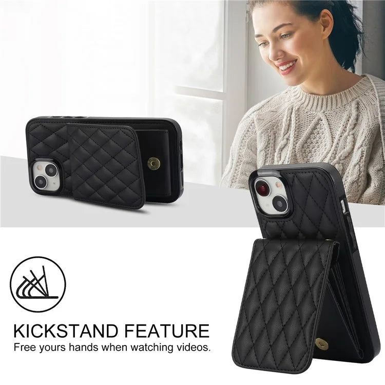 For iPhone 15 Plus Case Rhombus Leather+TPU Phone Card Bag with Shoulder Strap