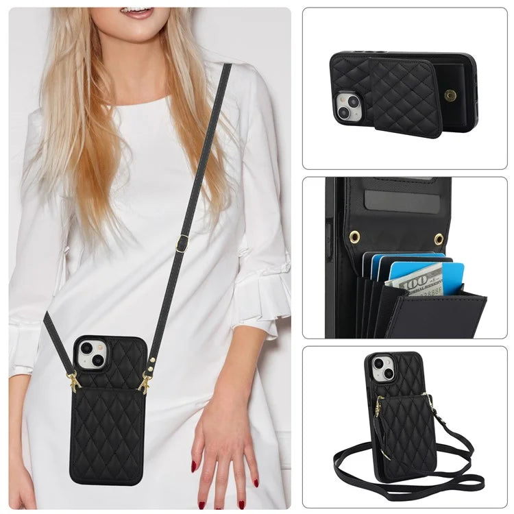For iPhone 15 Plus Case Rhombus Leather+TPU Phone Card Bag with Shoulder Strap