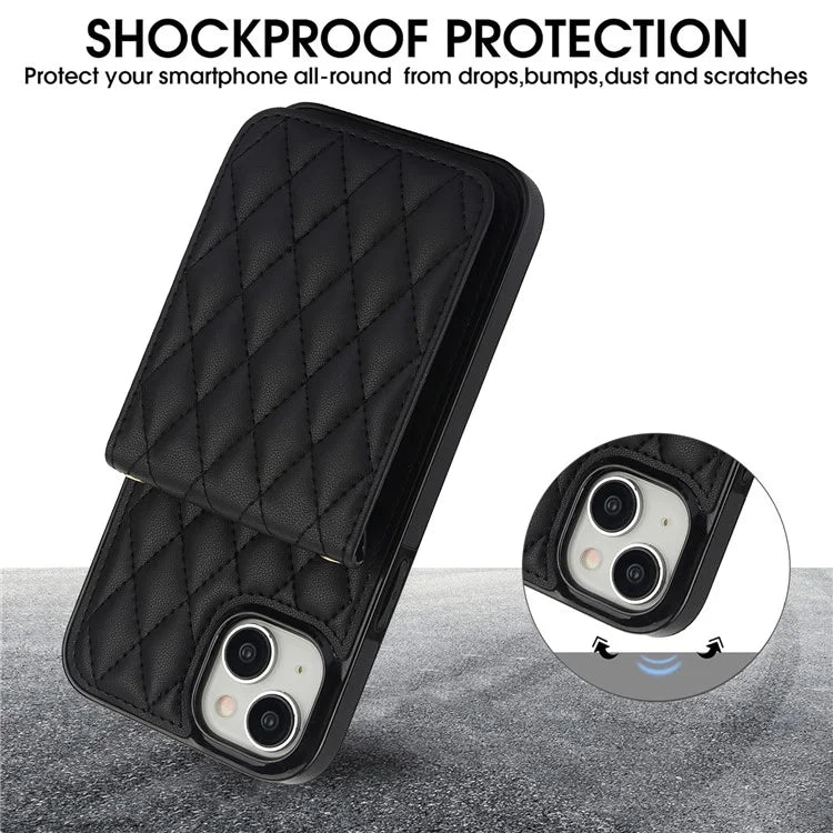 For iPhone 15 Plus Case Rhombus Leather+TPU Phone Card Bag with Shoulder Strap
