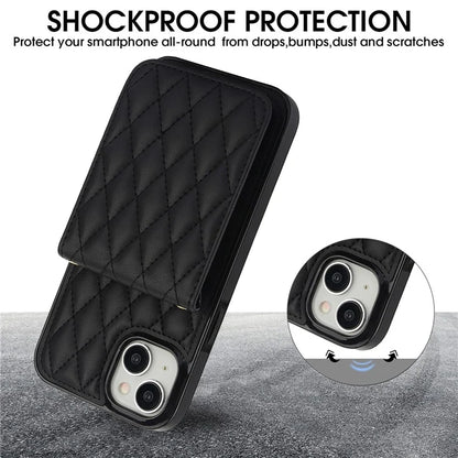 For iPhone 15 Plus Case Rhombus Leather+TPU Phone Card Bag with Shoulder Strap