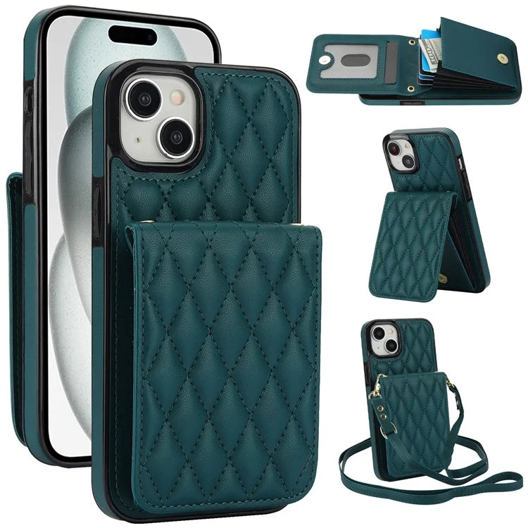 For iPhone 15 Plus Case Rhombus Leather+TPU Phone Card Bag with Shoulder Strapish Green