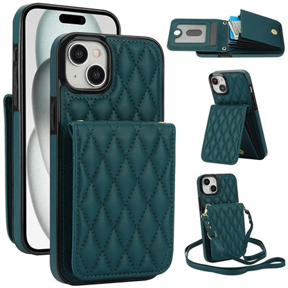 For iPhone 15 Plus Case Rhombus Leather+TPU Phone Card Bag with Shoulder Strapish Green