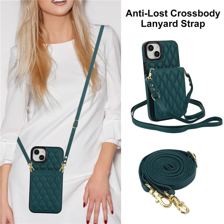 For iPhone 15 Plus Case Rhombus Leather+TPU Phone Card Bag with Shoulder Strapish Green
