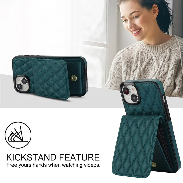 For iPhone 15 Plus Case Rhombus Leather+TPU Phone Card Bag with Shoulder Strapish Green
