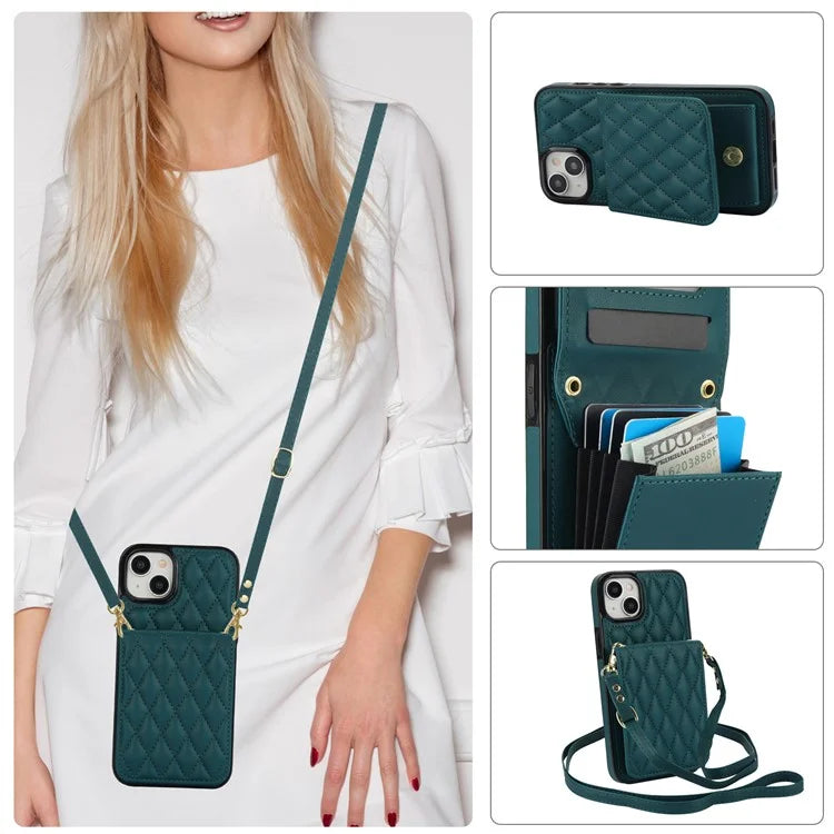 For iPhone 15 Plus Case Rhombus Leather+TPU Phone Card Bag with Shoulder Strapish Green