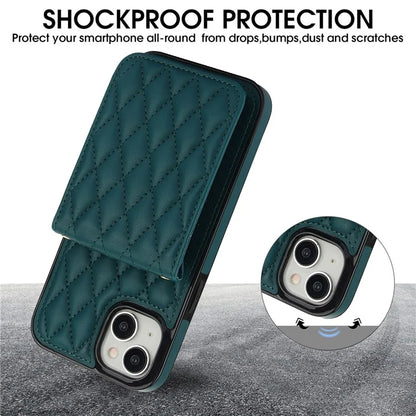 For iPhone 15 Plus Case Rhombus Leather+TPU Phone Card Bag with Shoulder Strapish Green