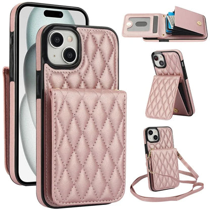 For iPhone 15 Plus Case Rhombus Leather+TPU Phone Card Bag with Shoulder Strap