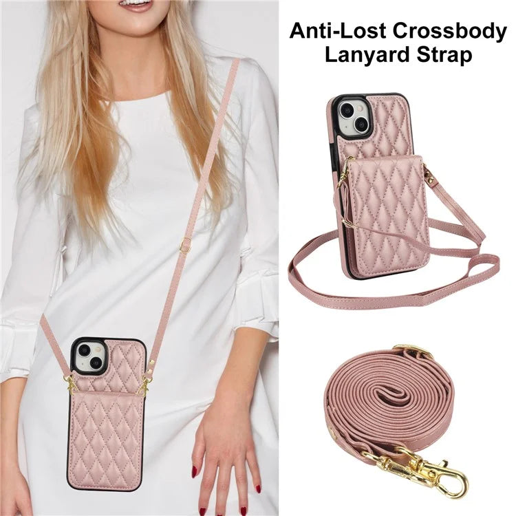 For iPhone 15 Plus Case Rhombus Leather+TPU Phone Card Bag with Shoulder Strap
