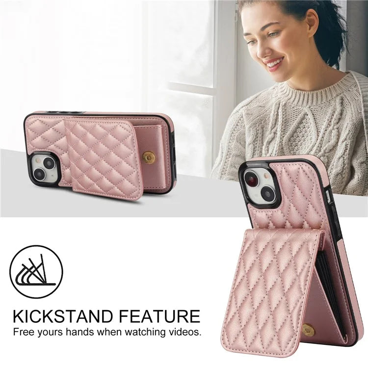 For iPhone 15 Plus Case Rhombus Leather+TPU Phone Card Bag with Shoulder Strap