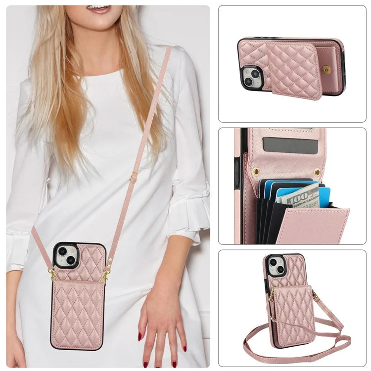 For iPhone 15 Plus Case Rhombus Leather+TPU Phone Card Bag with Shoulder Strap