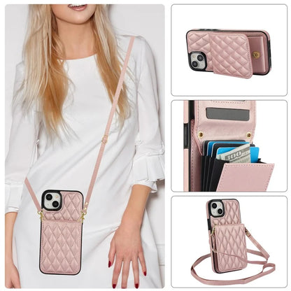 For iPhone 15 Plus Case Rhombus Leather+TPU Phone Card Bag with Shoulder Strap