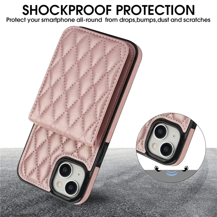 For iPhone 15 Plus Case Rhombus Leather+TPU Phone Card Bag with Shoulder Strap