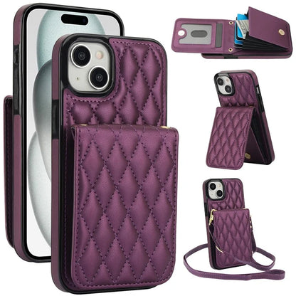 For iPhone 15 Plus Case Rhombus Leather+TPU Phone Card Bag with Shoulder Strap