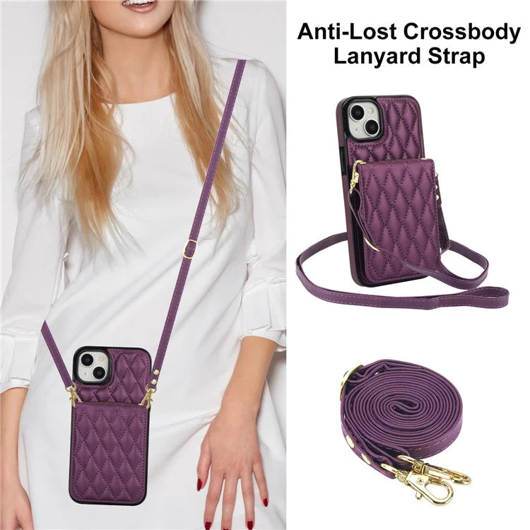 For iPhone 15 Plus Case Rhombus Leather+TPU Phone Card Bag with Shoulder Strap