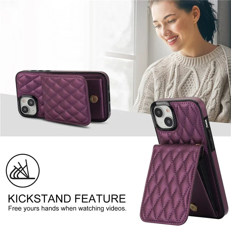 For iPhone 15 Plus Case Rhombus Leather+TPU Phone Card Bag with Shoulder Strap