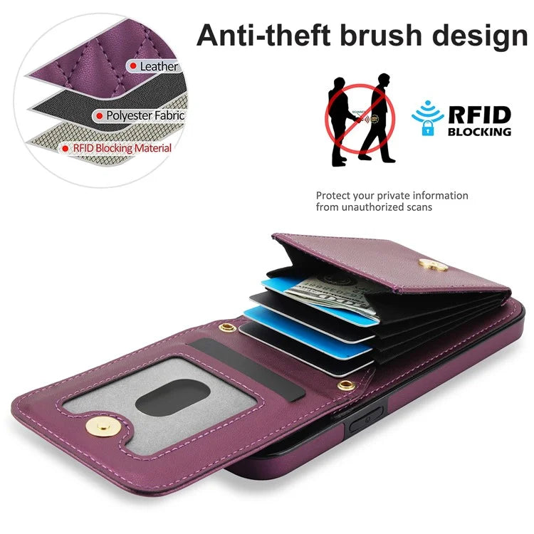 For iPhone 15 Plus Case Rhombus Leather+TPU Phone Card Bag with Shoulder Strap