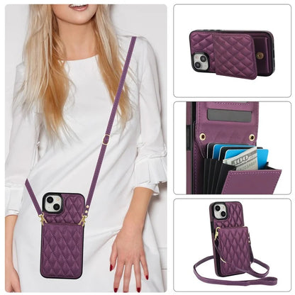 For iPhone 15 Plus Case Rhombus Leather+TPU Phone Card Bag with Shoulder Strap