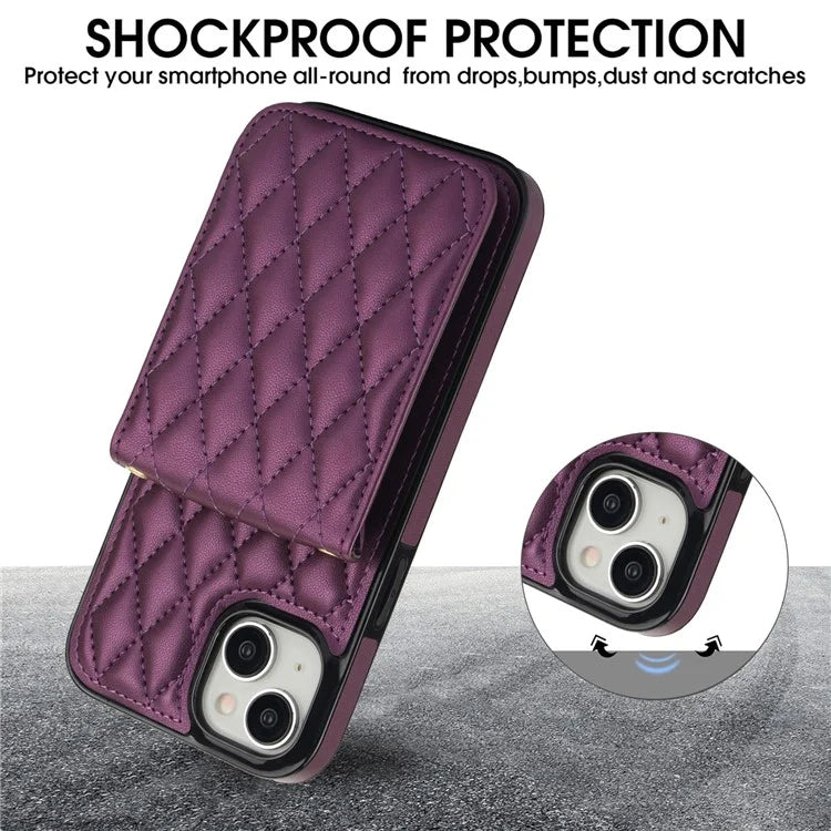 For iPhone 15 Plus Case Rhombus Leather+TPU Phone Card Bag with Shoulder Strap