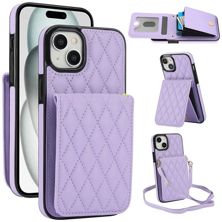 For iPhone 15 Plus Case Rhombus Leather+TPU Phone Card Bag with Shoulder Strap