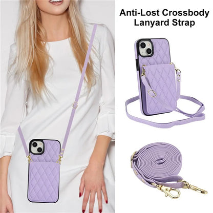 For iPhone 15 Plus Case Rhombus Leather+TPU Phone Card Bag with Shoulder Strap