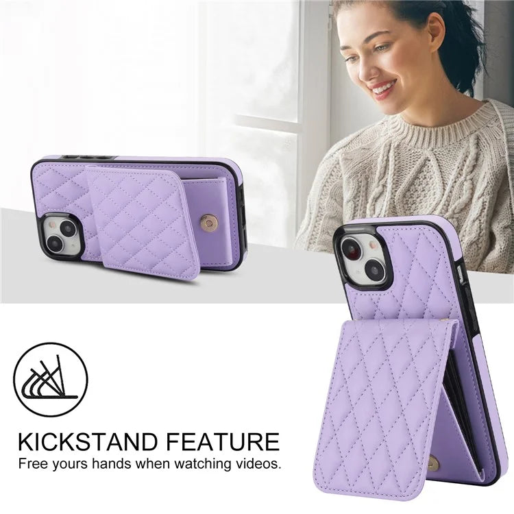 For iPhone 15 Plus Case Rhombus Leather+TPU Phone Card Bag with Shoulder Strap