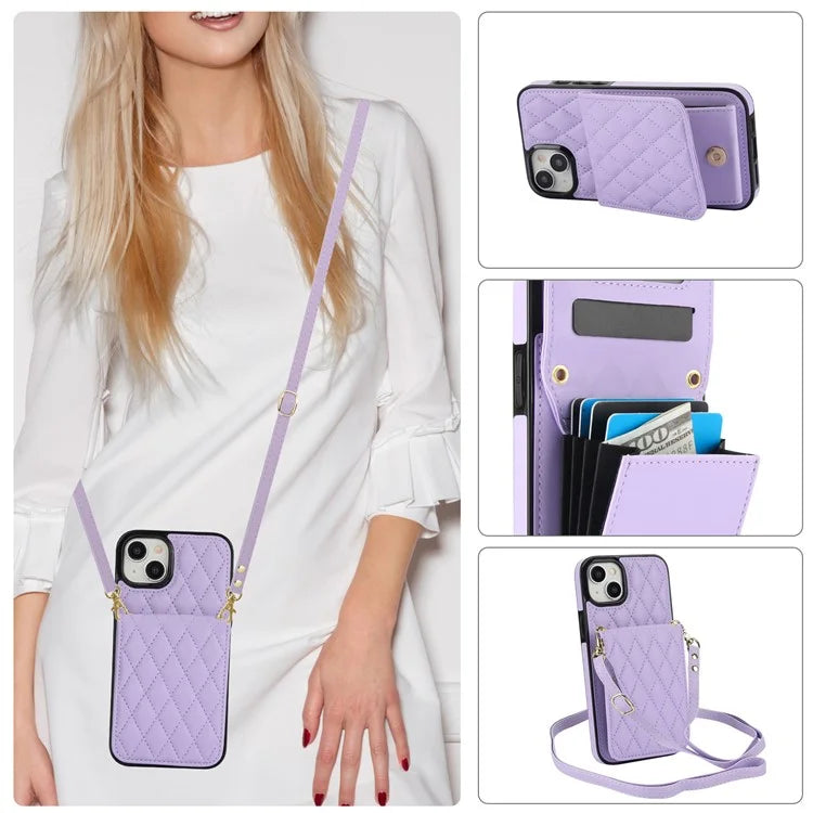 For iPhone 15 Plus Case Rhombus Leather+TPU Phone Card Bag with Shoulder Strap