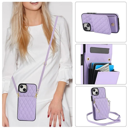 For iPhone 15 Plus Case Rhombus Leather+TPU Phone Card Bag with Shoulder Strap